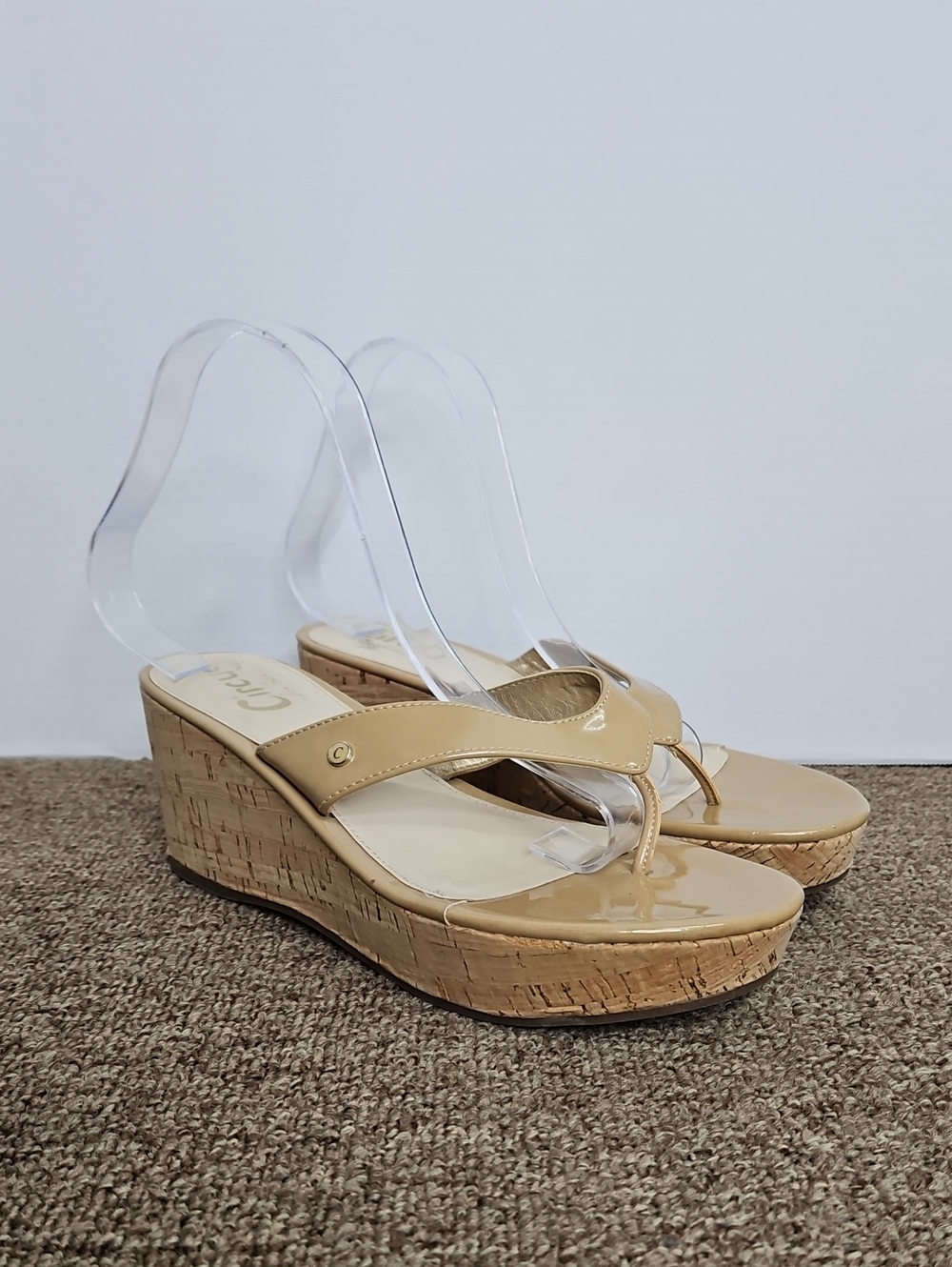 Circus Sam Edelman Tan Patent Leather Cork Wedge Thong Sandals Sz 8 Womens
